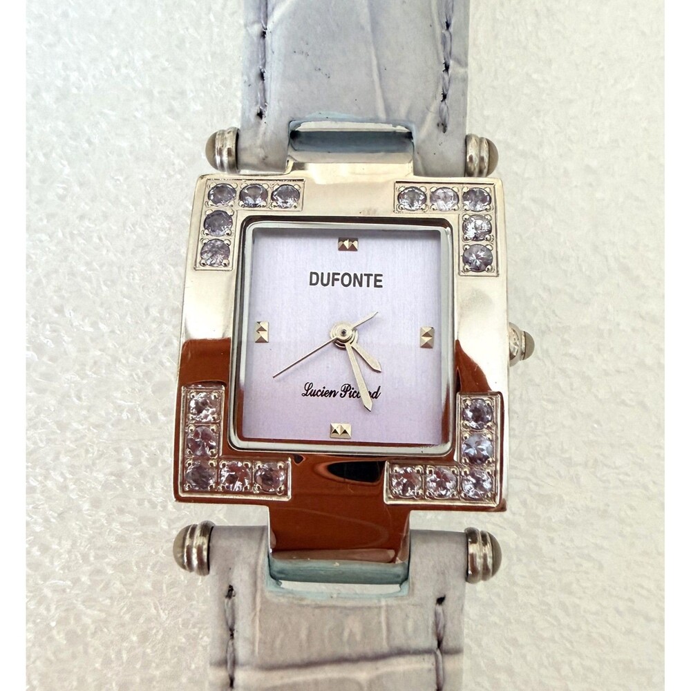 Vintage Dufonte Lucien Piccard Lavender Rhinestone Square Watch Croc Leather